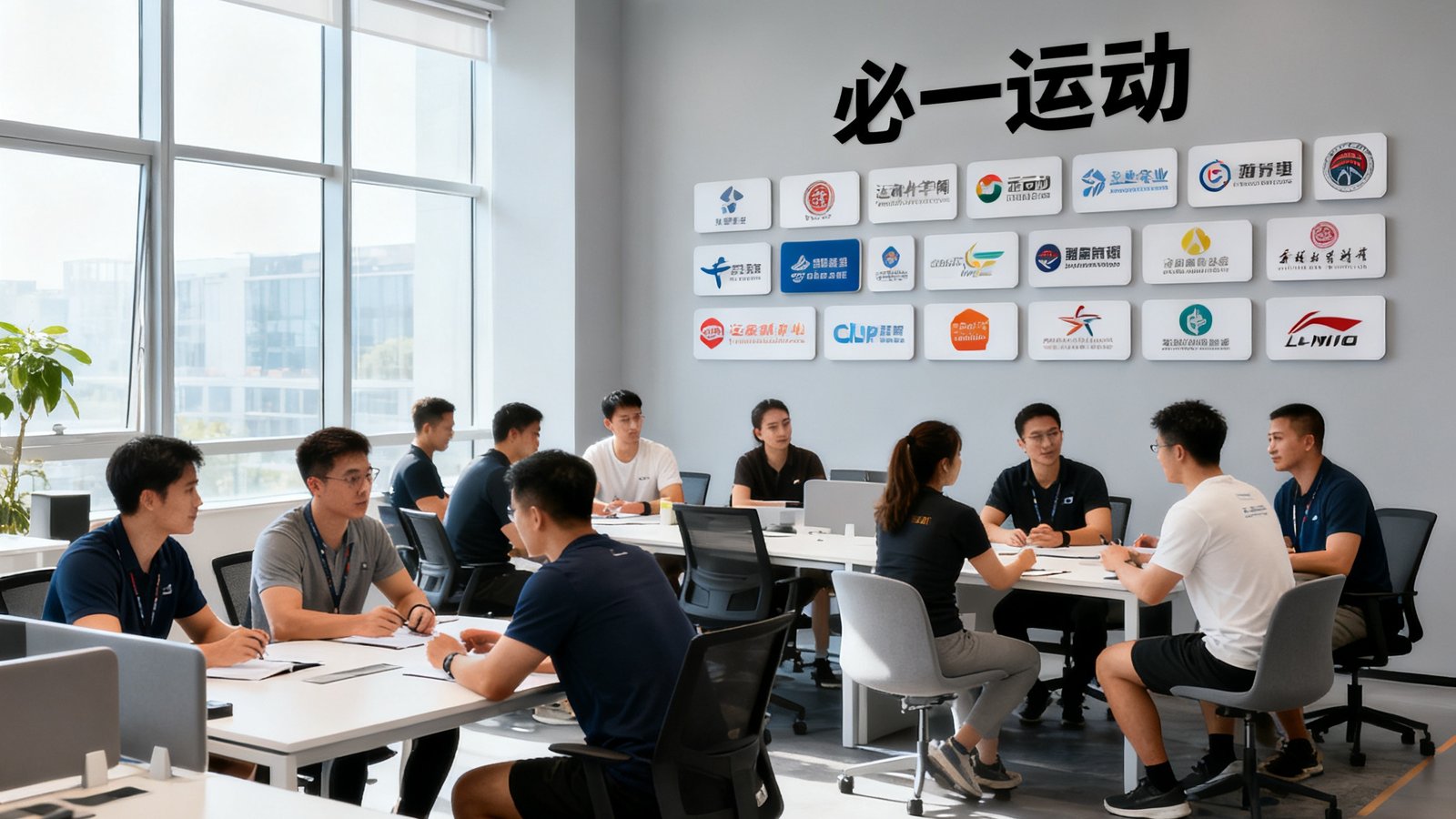 必一运动杭州总部明亮的开放式办公区，数十位运动科学顾问和营养师正在协作讨论，墙上挂着服务过的企业客户logo墙