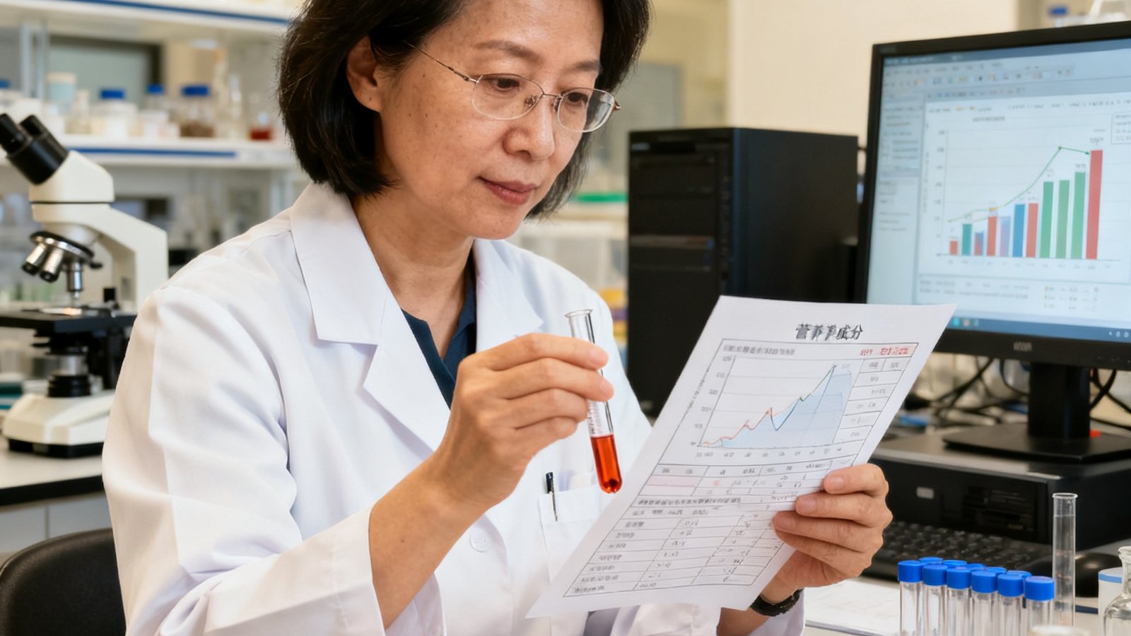 营养学总监林小菲在食品分析实验室中,手持试管仔细比对食物样本的营养成分数据